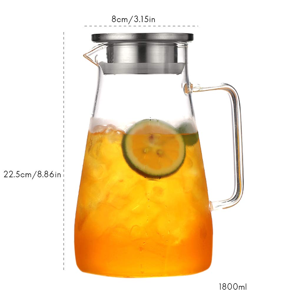 Teiera in vetro borosilicato, caraffa in vetro da 1,8 litri (piena capacità), brocca in vetro borosilicato con coperchio in acciaio inox, caraffa in vetro