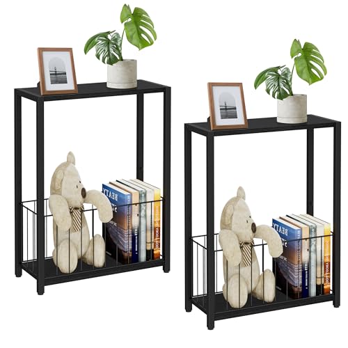 Homleke Narrow Side Tables Set of 2 with Magazine Holder, Skinny End Tables Perfect for Small Spaces, Space-Saving Design for Living Room, Bedroom, or Office, 7.1' D x 16.9' W x 23.6' H, Black