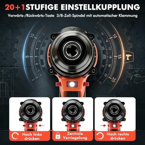 Akkuschrauber mit 2 Akkus 1500mAh, 21V Akku-Schlagbohrschrauber 50Nm, 1500 RPM (2-Gang) Akku Bohrschrauber Set, 20+1 Drehmomentstufen, 24 Bits, LED-Licht für Reparatur, DIY, Möbelmontage – Bild 4
