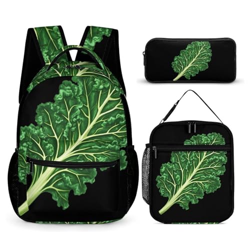 Green Kale Leaf Printed Backpack with Lunch Box Bag Pencil Case Pouch 3pcs Daypack Set for Women Men