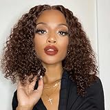 Maytune Chocolate Brown Wear and Go Glueless Wigs Human Hair Pre Plucked Pre Cut 4# Deep Wave Curly Bob Wig Human Hair Wigs for Black Women 4x4 Glueless Bob Wigs Lace Closure Human Hair 8 Inch