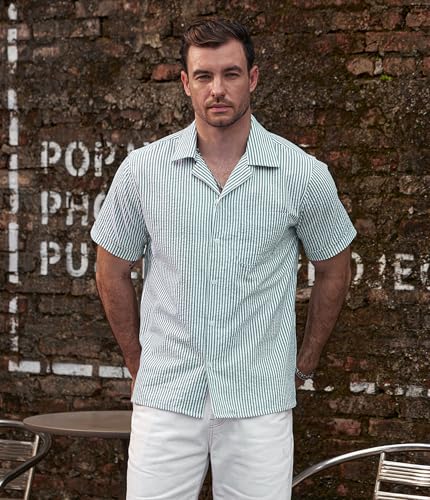 Image of VATPAVE Mens Striped Summer Shirt Casual Button Down Short Sleeve Beach Shirts Cotton Shirts for Men