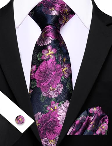 Image of Barry.Wang Flower Ties for Men Silk Woven Floral Tie Sets Necktie Handkerchief Cufflinks Wedding Party
