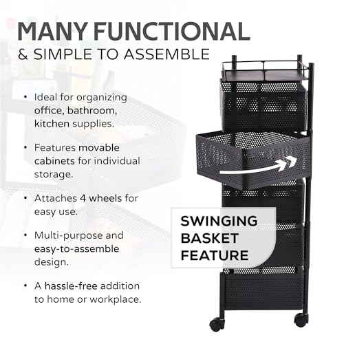 Image of Fun Homes 5 Layer Square Metal Vegetable Rack for Kitchen | Rotating Fruits & Pantry Items Stand | Multipurpose Kitchen Mesh Trolley Storage Rack with Wheels for Home | Onion-Potato Stand | Black