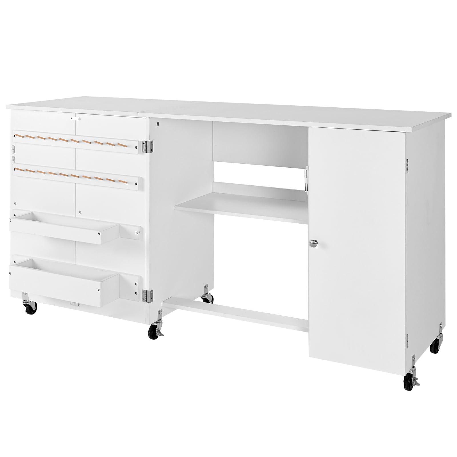 VEVOR Table de couture pliante, table pour machine à coudre polyvalente pour maison, avec design compact, armoire, roulettes, chevilles en bois, plateaux de rangement, étagère, porte magnétique, blanc