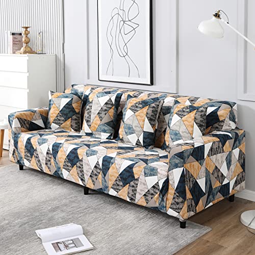 Image of HOKIPO Polyester, Spandex Elastic Stretchable 4 Seater Sofa Cover, Multicolor Geometric Print (AR-4096-D3)