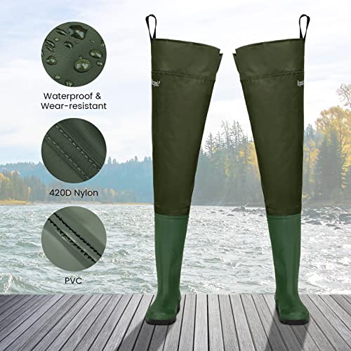 Magreel-Hip-Waders-Lightweight-Waterproof-Hip-Boots-for-Men-and-Women-PVCNylon-Fishing-Hunting-Bootfoot-with-Cleated-Outsole-Size-7-Size-13-Army-Green