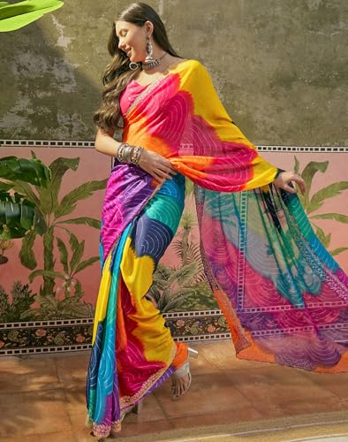 Image of SIRIL Women's Chiffon Scalloped Border Sequins Embroidery Saree with Unstitched Blouse Piece