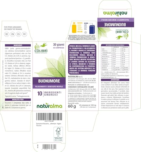 Gute Laune Naturalma - Consorzio Colibrì 60 Tabletten á 1000 mg - GABA, Johanneskraut, Passionsblume, Melisse, Rosenwurz, Eisenkraut, Safran, Lavendel, Magnesium, Vitamin B6 - Nahrungsergänzungsmittel