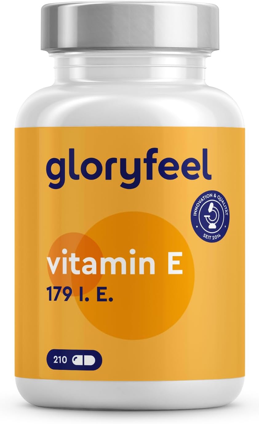 Vitamine E-capsules – Meest stabiele eersteklas grondstof (DL-alfa-tocoferylacetaat) – Bioactieve vitamine E 179 IE – Hoogwaardige 210 capsules voor een volledige voorraad van 100 dagen