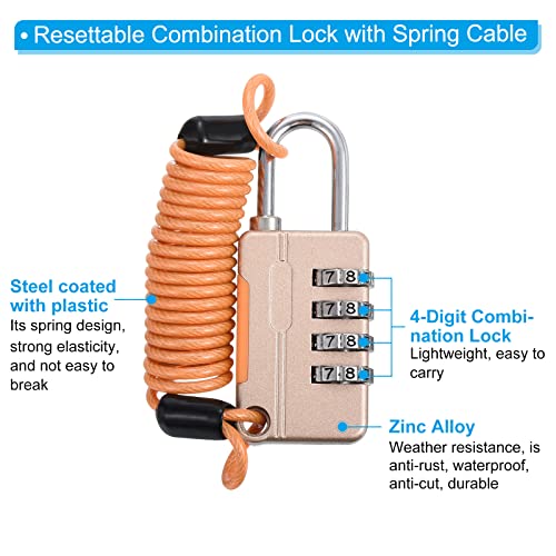 Image of PATIKIL 1 Pack 4 Digit Combination Lock, Helmet Padlock Cable Lock Gym Locker Lock with 3.28Ft Flexible Security Steel Lock Wire for Bike Locker Travel Luggage, Yellow