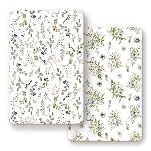 Image of GRSSDER Stretchy Ultra Soft Jersey Knit Fitted Pack n Play Sheets Set 2 Pack， Portable Pack and Play/Mini Cribs Sheets for Girls，Stylish Watercolor Rose and Flora