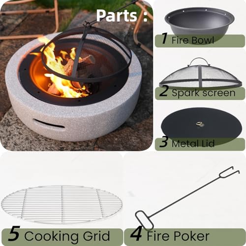 Image of Round Wood Burning Concrete Outdoor Fire Pit, Heat Resistant MGO Ceramic Material Base with BBQ Grill for Patio Garden, Backyard Barbecue, Outdoor Gatherings, Light Gray | Heat Resistant MGO Cement Material,BBQ Grill Firepit,Family S'mores Fun,for Garden Backyard Barbecue,Outdoor Gatherings