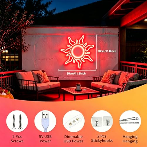 Image of Sun Neon Sign, USB Powered Dimmable Neon Light, Home Bedroom Game Room Cafe Bar Party Decor, Modern Style Wall Art, Gift for Teens Boys Girls, 11.8 Inch Red LED Light Up Decorative Sign
