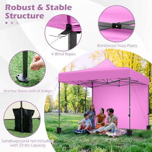 Image of Tangkula 10x10 FT Pop Up Canopy, Outdoor Tent with 4 Removable Sidewalls, Carbon Steel Frame, 4 Sandbags, 8 Stake & 4 Ropes, Wheeled Bag, Portable Canopy Tent for Party Event Camping (Pink)
