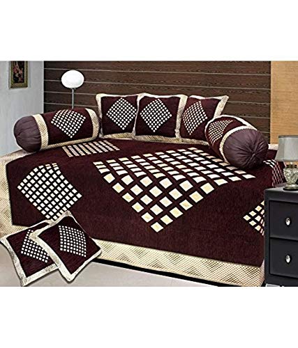 Excell loomtex Presents Attractive Chenille Diamond Print Diwan Set which Contains 1 bedsheet, 2 bolsters, 5 Cushion Cover (Brown, Single)-image-39