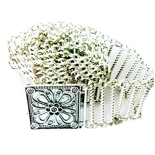 Belt Silver Plate Steel Strip Thai Costume Thailand Tradition Chain Vintage Dress Square Buckle Length 42 Inches Width 4 Centimeter 1 Piece