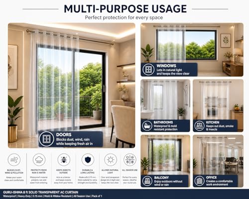 Image of 8 ft Solid Transparent AC Curtain | Waterproof Heavy-Duty 0.15 mm | Dust Wind Rain Protection, Mold & Mildew Resistant | All Season Use for Door, Window & Bathroom (Pack of 1)