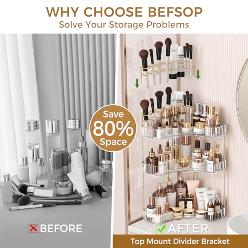 Image of BEFSOP Corner Bathroom Counter Organizer, Upgraded 3-Tier Makeup Organizer Countertop with Makeup Brush Holder, Skincare Exquisite Vanity Organizers Countertop Bathroom Storage Dresser(CLEAR)
