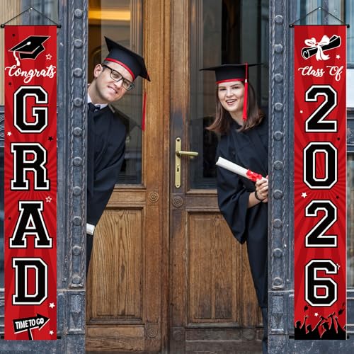 Image of Graduation Banner 2026 Graduation Decorations Red and Black Grad Banner Porch Sign Class of 2026 Door Decor Congrats Hanging Backdrop Red Black Grad Party Decor for School Congratulations Supplies