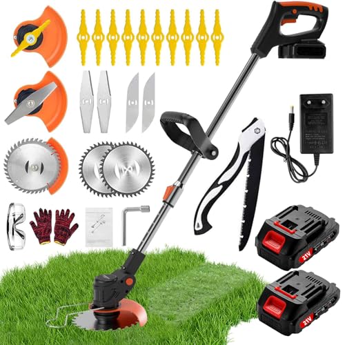 Desbrozadora Batería, Desbrozadora Eléctrica Viene con 4 Cuchillas Diferentes, Desbrozadora con batería y Cargador, Cortabordes Bateria es Adecuada para Jardines Domésticos y Céspedes