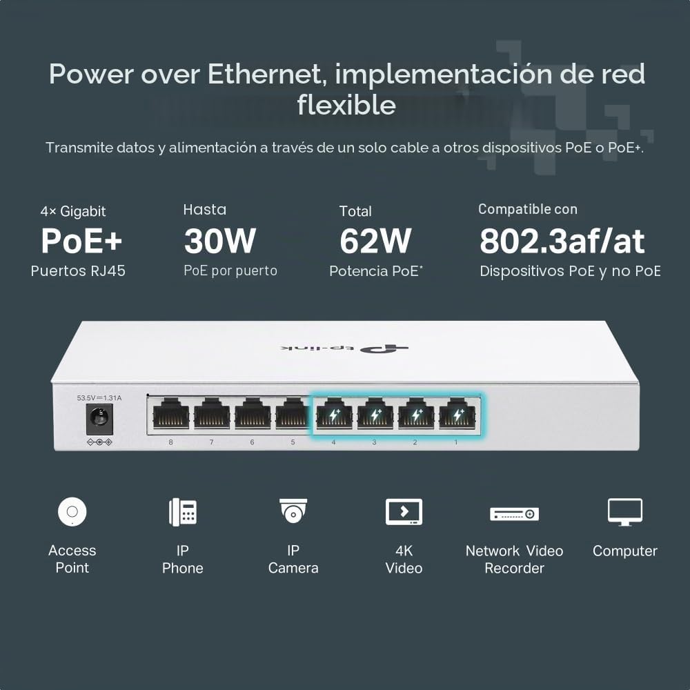 TP-Link Festa FS308GP - Switch PoE+ Gigabit de 8 Puertos, 4 Puertos PoE, 62W, Gestión en la Nube, Seguridad Avanzada, Fácil Implementación en Redes Empresariales