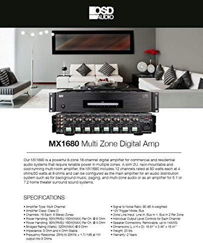 OSD Audio 8 Zone 16-Channel Digital Amplifier, 80W/Channel, Distributed Audio & Home Theater MX1680