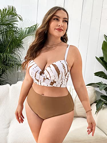 Makemechic Women's Plus Size 3 Piece Bathing Suits Tie Dye Push Up High Waisted Bikini Swimsuit With Kimono Set Brown 3Xl #TOP3