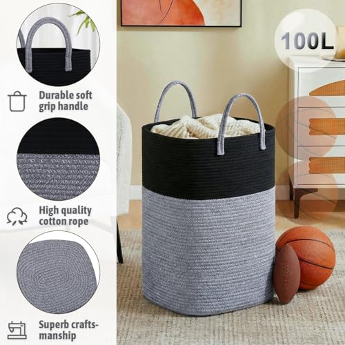 Image of Laundry Basket,Woven Cotton Rope Laundry Hamper,Versatile Storage for Dirty Clothes,Baby Toys,and Blankets in Bathroom, Nursery,and Living Room (Black, 100L)