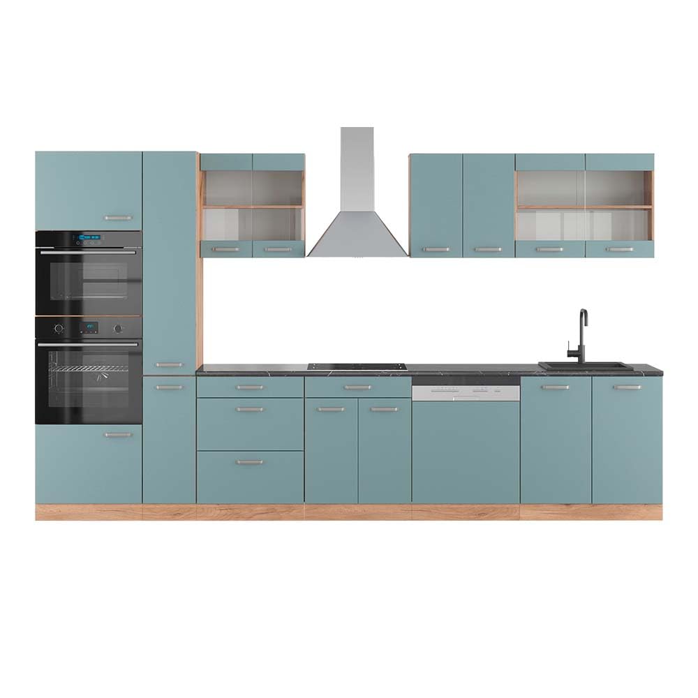 Vicco Cocina R-Line, Roble Azul-Gris-Dorado, 350 cm con Armario Alto, ET Antracita, Apto para ampliación Individual y disposición Flexible