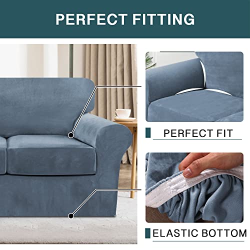 Fantasdecor FDSOFA2P-3STONEBLUE-YH 4 Piece Sofa Velvet Couch Covers For 3 Cushion Stretch Slipcover thumb #4