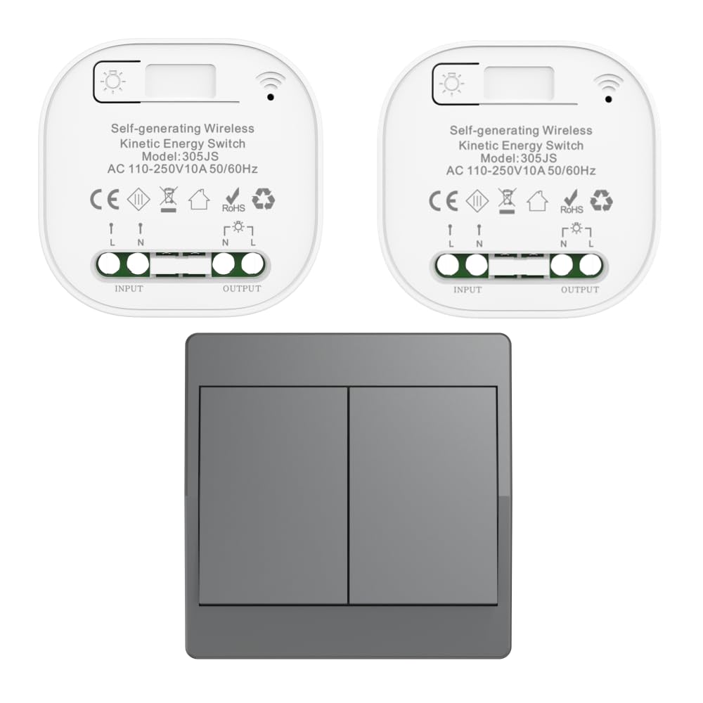 Cerhot Grigio Kit di interruttori cinetici wireless autoalimentati interruttori di luce telecomandati RF interruttore cinetico wireless senza batteria interruttori radio wireless (Grigio 2Gang 1V2 EU)
