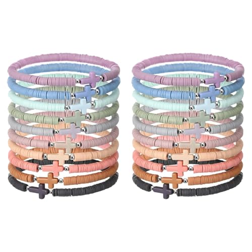 Rainway 20 piezas pulseras de cruz, pulseras de cuentas de arcilla apilables, coloridas pulseras boho de amistad, pulseras religiosas elásticas hechas a mano, pulseras de cruz para mujeres y hombres