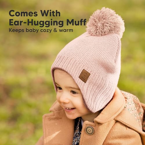 Image of Baby Beanie Winter Hat 6-36 Months - Cute Pom Winter Baby Hats with Earflaps, Soft & Stretchy Knit Toddler Beanies for Infant, Newborn 6-36 Months Boys, Girls, Cozy, Warm Fall Essentials (Blush, M)