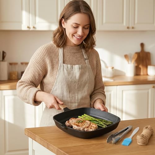 Cast Iron Grill Pan, 9.5" Square Griddle Skillet with Pour Spout, Oven Safe - Image 2