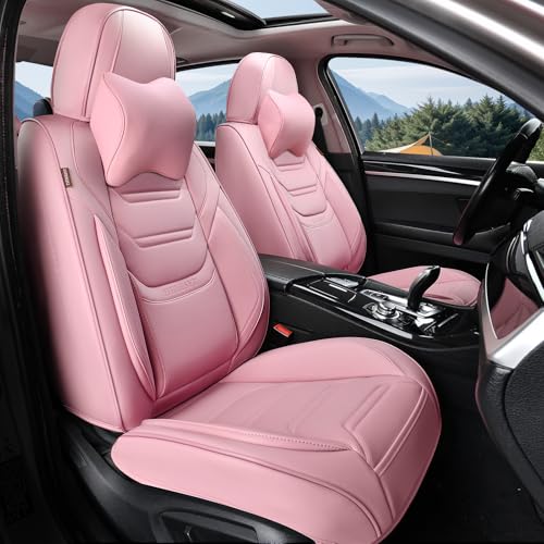 Image of TIEHESYT Pink Car Seat Covers Front Pair, Breathable Leather Automotive Front Seat Covers & Headrest, Auto Seat Cover, Compatible with Most Cars Sedans SUV Pickup Trucks