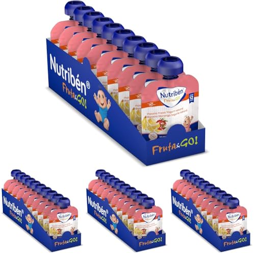 Nutribén Fruta And Go | Bolsita de puré de Frutas 100% Natural, Plátano Fresa y Yogurt Natural- Pack De 10 unidades x 90g (Paquete de 4)