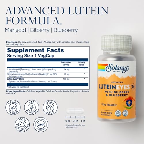 Image of SOLARAY Advanced Lutein Eyes 24mg with Bilberry Extract and Blueberry Extract, Eye & Macular Health Support Supplement Supplying Zeaxanthin from Marigold, Vegan, 30 Servings, 30 VegCaps