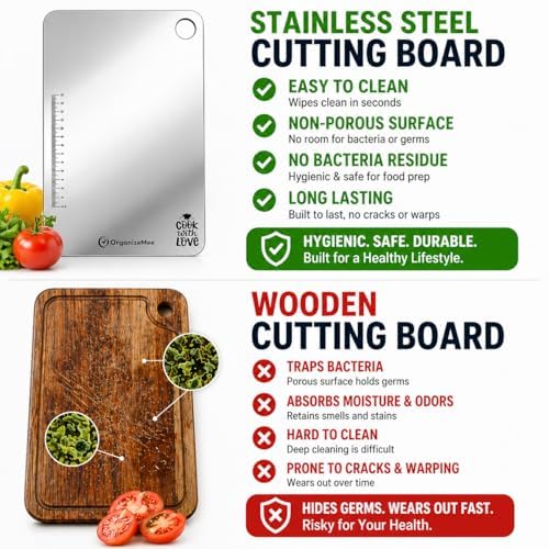 Image of OrganizeMee Extra Large Stainless Steel Chopping Board (45CM X 31CM) with Anti-Skid Silicon Pad, Metal Cutting Kitchen,Heavy Duty Chopping-Board Vegetable,Meats Vegetable Chopper Boards, Safe Durable