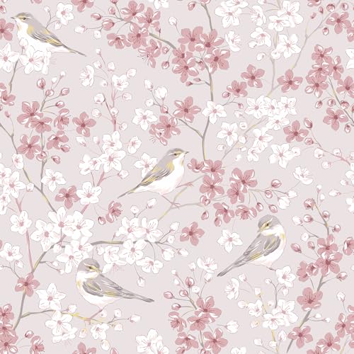 VEELIKE Papel Pintado Flores Cerezo Rosa Papel Pintado Pajaros y Flores Chinoiserie 44,5 cm x 300 cm Fotomurales Decorativos Pared Dormitorio Habitación Vinilo Adhesivo Muebles Baño Impermeable