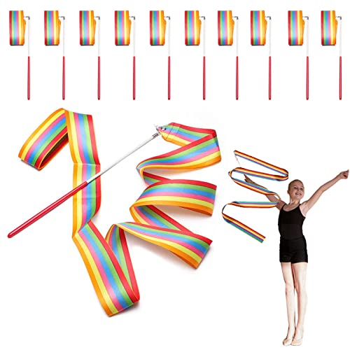 Surplex 10pcs 2 Metros de Arte Gimnasia Cinta rítmica Twirling Baton Rod, Gym Dance Ribbon Wand Streamer y Stick para niños, Rainbow