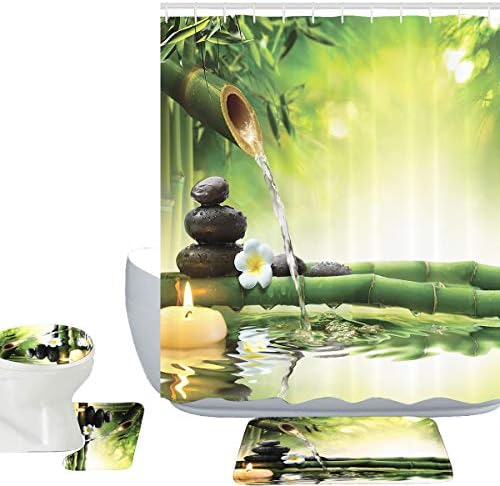 Amagical Zen Garden Theme Decor View Japanese Design 16 Piece Bathroom Mat Set Shower Curtain Set Relaxation Bamboos Candles Bath Mat Contour Mat Toilet Cover Shower Curtain 12 Hooks (Zen Garden)