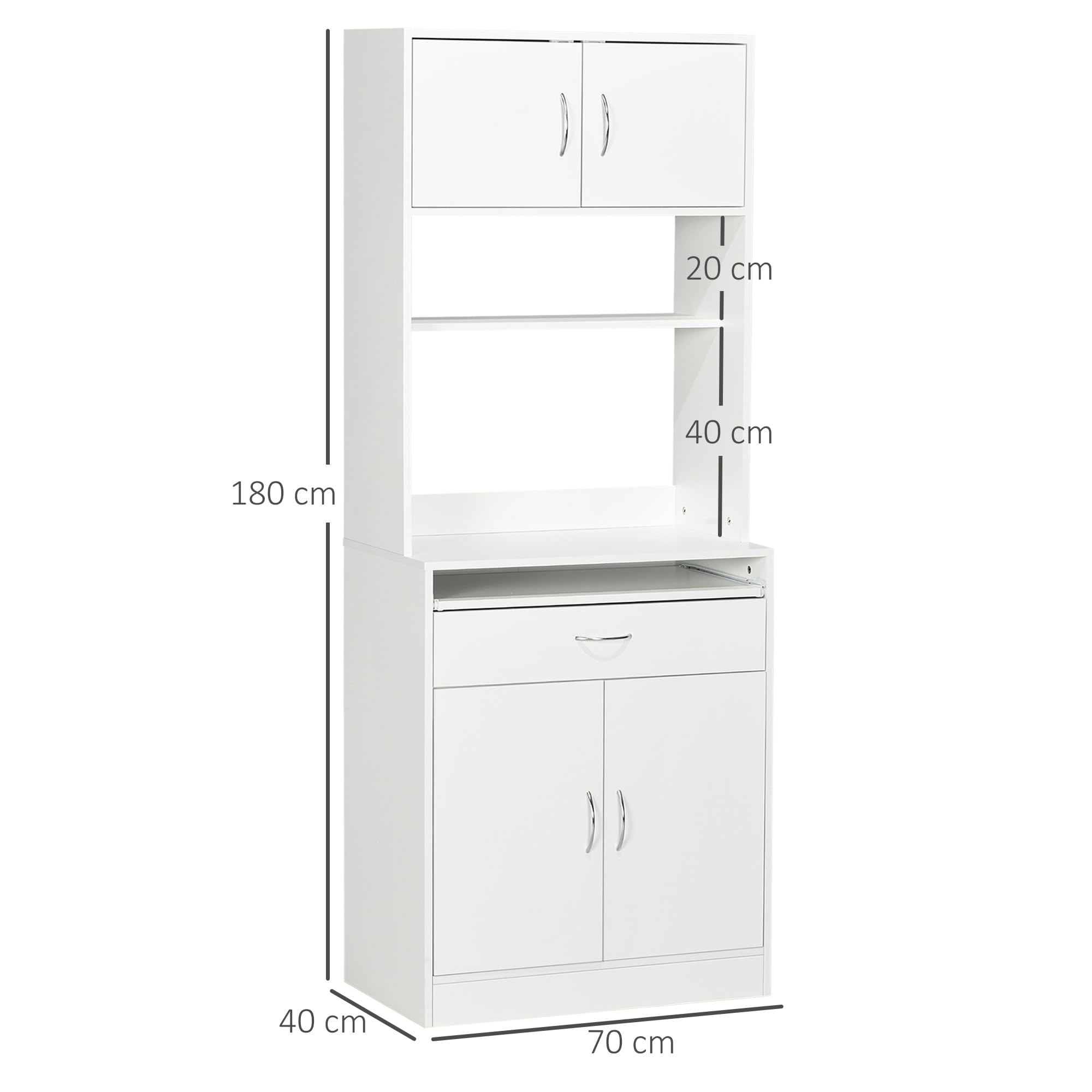 HOMCOM Alacena de Cocina Mueble Aparador Auxiliar con 4 Puertas Bandeja Extraíble Estante Ajustable Cajón y Encimera de Microondas Abierta 70x40x180 cm Blanco