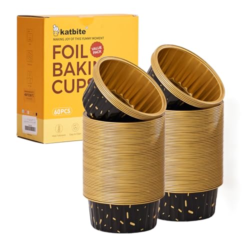 Katbite 60 Pack 5oz Disposable Aluminum Foil Ramekins with Lids, Mini Round Baking Cups, Muffin Tins for Creme Brulee, Souffle, Pudding, Non-Stick, Wedding Favors, Black Meteor Shoer
