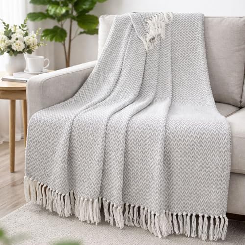 Image of Chevron 78x60 Inch Reversible Cotton Throw Blanket with Tassels| Blanket for Living Room, Sofa, Bed, Chair, Picnic & Used for Gift | Grey Narrow Chevron, Size - 200x150 Cm