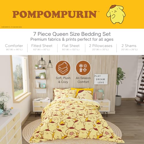 Image of Sanrio Pompompurin Bedding Set, Full Size 7 Piece Set Kids Super Soft Cozy Reversible Comforter and Sheet Set with Sham, (100% Officially Licensed Product) by Franco