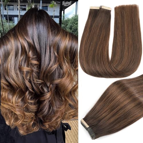 YDDM Extension Capelli Veri Biadesivo 20pcs 40cm 40g Marrone scuro con castano extension biadesive capelli veri Tape In Extension Capelli Veri Extension Adesive Capelli Veri(16inch,2/2/6#)