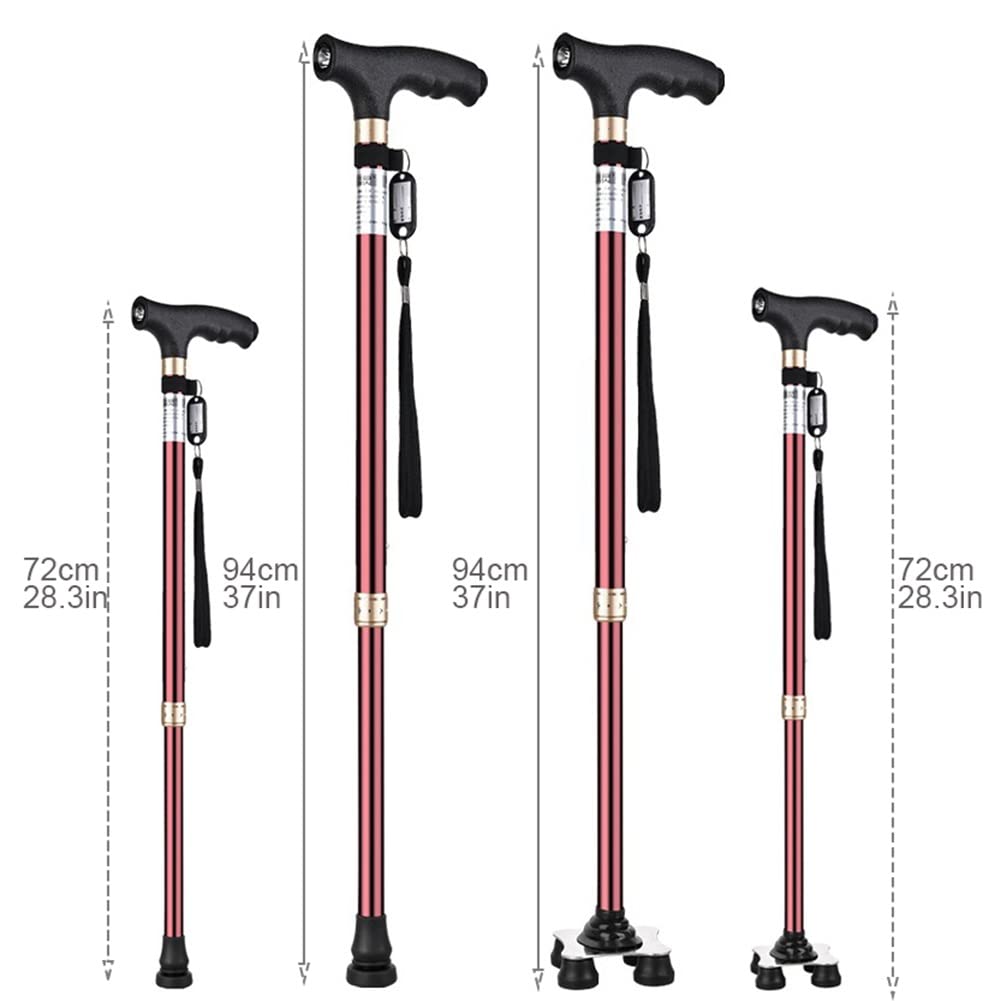 Bastón cuádruple para Hombres y Mujeres, bastón de Aluminio Ligero con 4 Patas, muletas telescópicas para Adultos Mayores, con luz LED/Correa para la muñeca, Rojo Vino