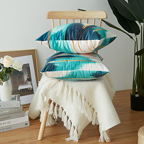 Teal Velvet Pillow Covers Marble Texture Abstract Pillowcase Artwork Contemporary Home Decorative Throw Pillow Covers Modern Cushion Covers For Bedroom Sofa Living Room 18X18 Inch, Set Of 2 #TOP4
