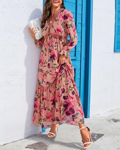 Pinup Fashion Fall Long Sleeve Maxi Dress - Casual Boho Chiffon Deep V Neck Long Flowy Dresses4